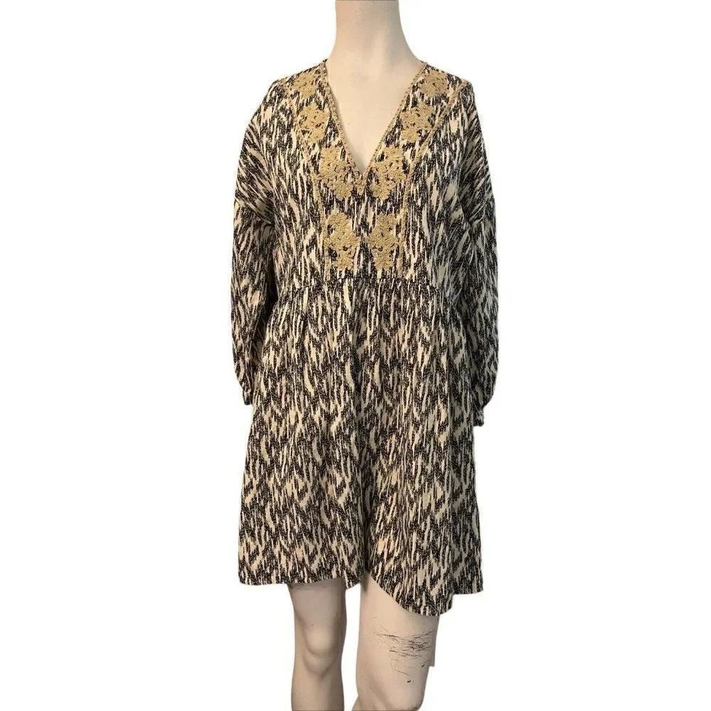 Zara Small Oversized Smock Dress V Neck Embroidered Neckline Empire Waist